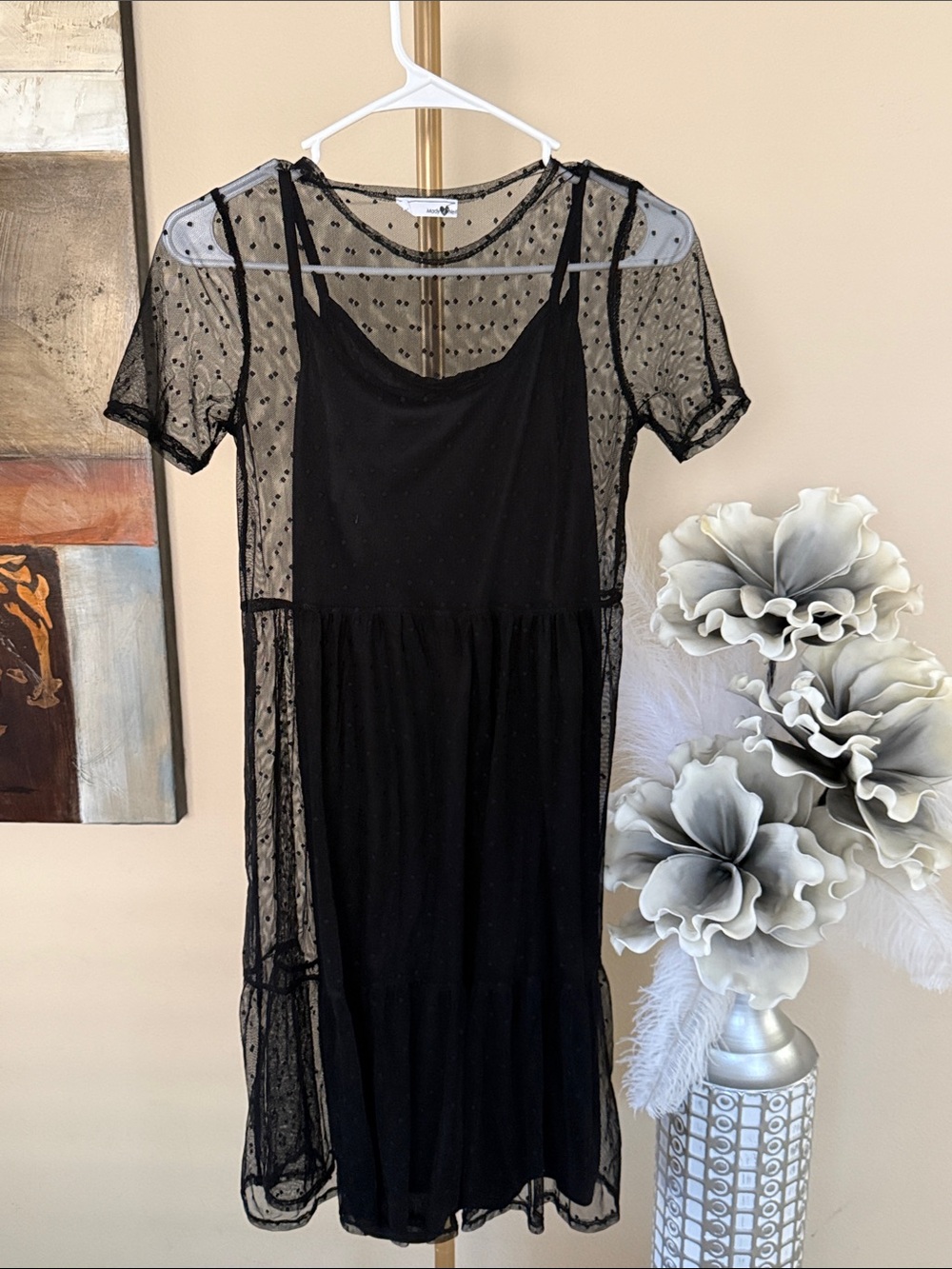 Girls' Black Sheer Polka Mesh Dress with Inner Slip